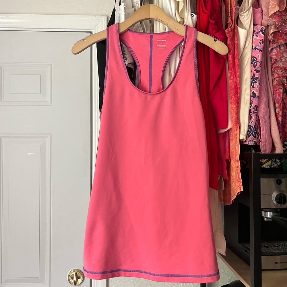 SUSSAN pink purple contrast stitch athletic racer back knit tank top